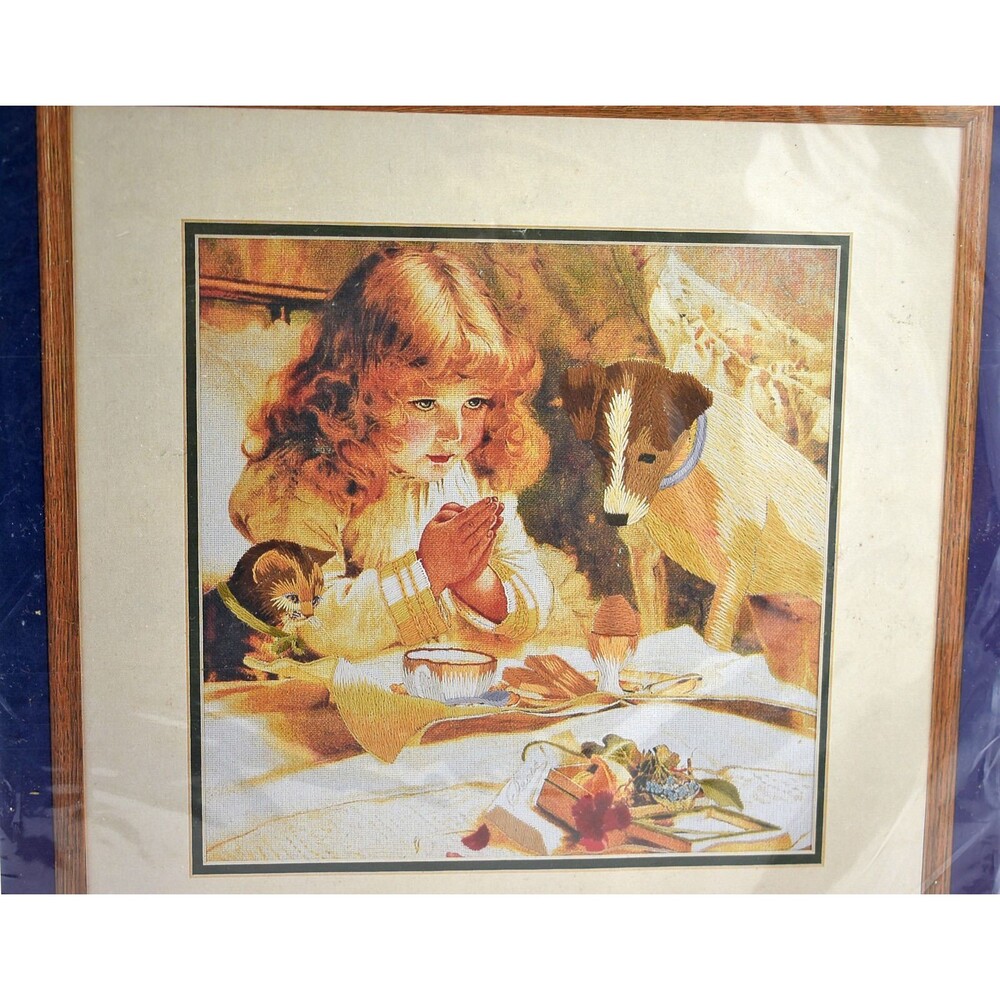 Simplicity Stitchery Suspense Praying Girl Dog Kitten Crewel Embroidery Kit